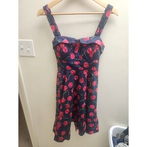 Eva Rose Navy Blue Cherry Print Rockabilly Fit and Flare Dress Retro Pinup M